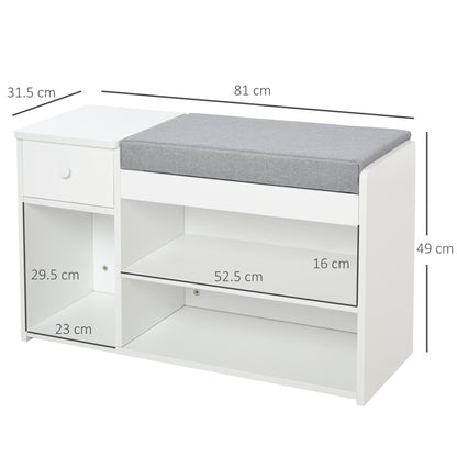 Shoe Bench with Cushion, Drawer, and 3 Open Compartments, Wooden Entryway Furniture 81x31.5x49cm, White