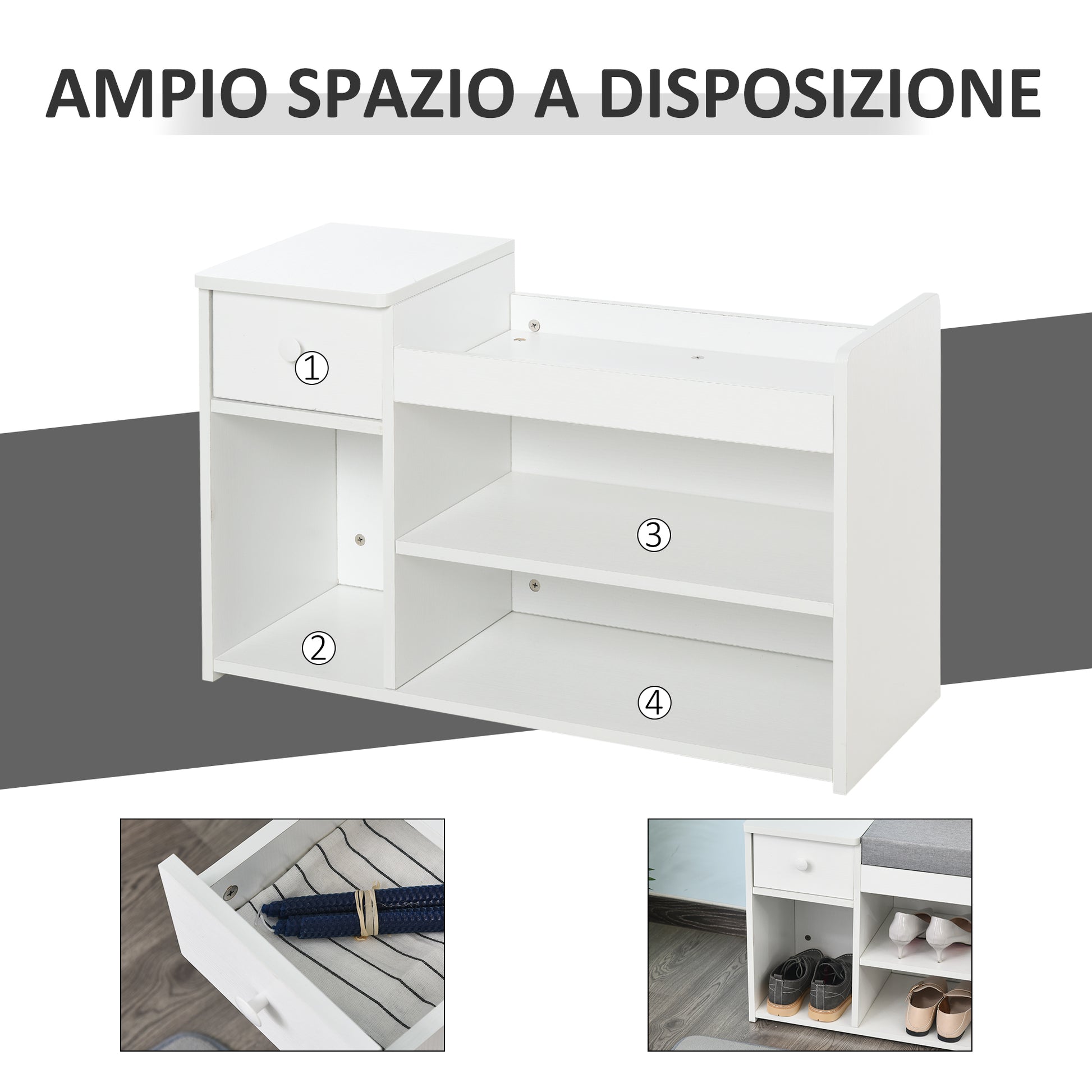 Shoe Bench with Cushion, Drawer, and 3 Open Compartments, Wooden Entryway Furniture 81x31.5x49cm, White