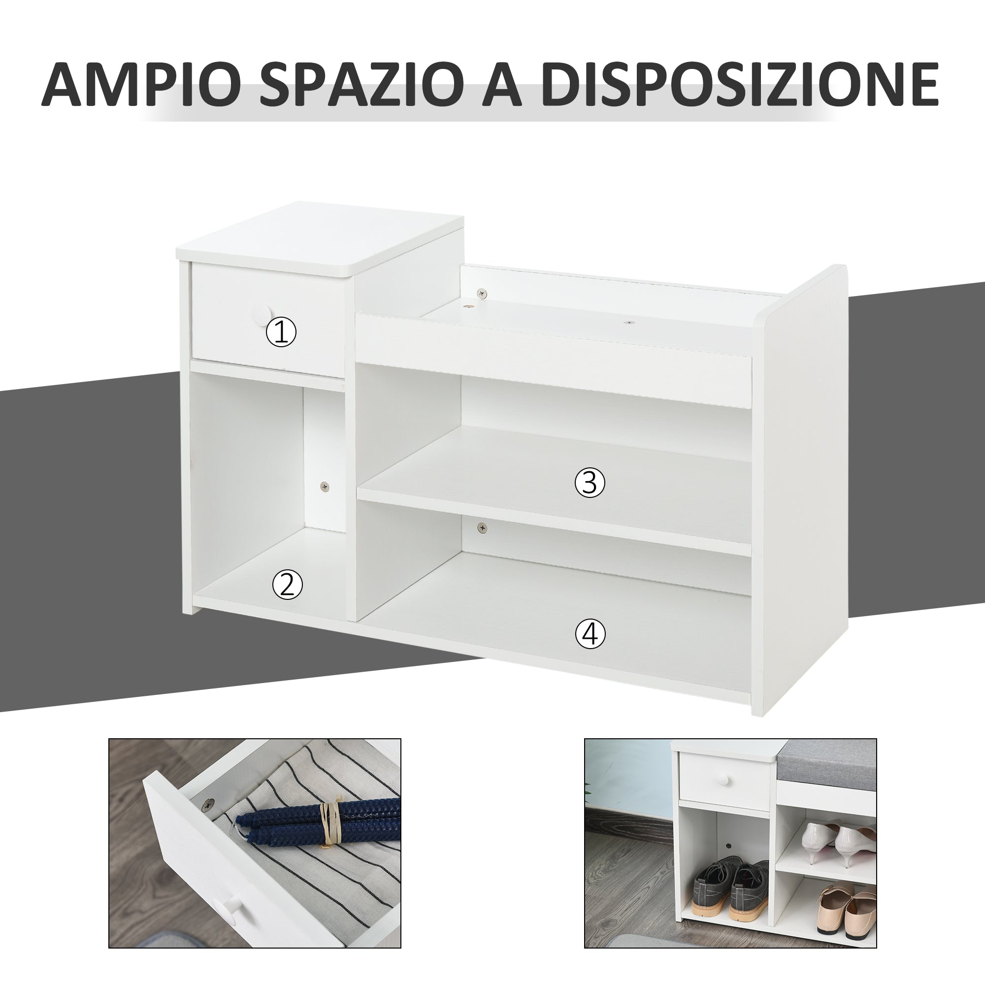 Shoe Bench with Cushion, Drawer, and 3 Open Compartments, Wooden Entryway Furniture 81x31.5x49cm, White