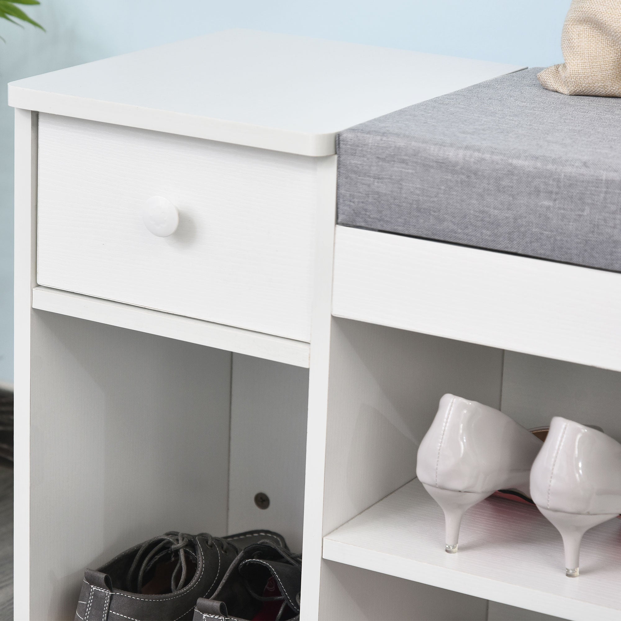 Shoe Bench with Cushion, Drawer, and 3 Open Compartments, Wooden Entryway Furniture 81x31.5x49cm, White