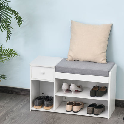 Shoe Bench with Cushion, Drawer, and 3 Open Compartments, Wooden Entryway Furniture 81x31.5x49cm, White