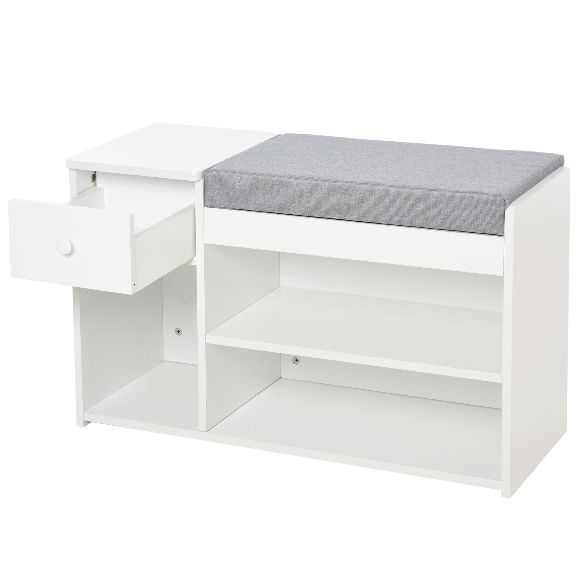 Shoe Bench with Cushion, Drawer, and 3 Open Compartments, Wooden Entryway Furniture 81x31.5x49cm, White