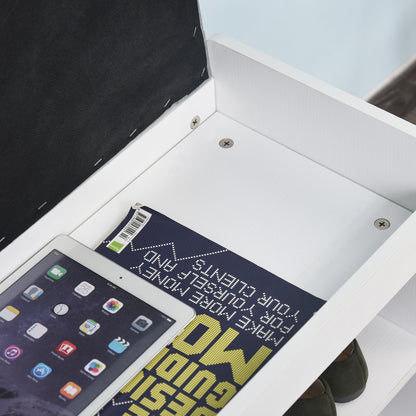 Shoe Bench with Cushion, Drawer, and 3 Open Compartments, Wooden Entryway Furniture 81x31.5x49cm, White