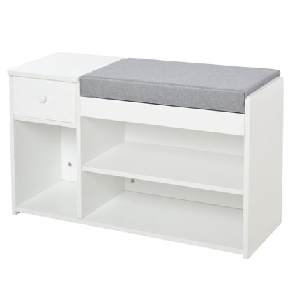 Shoe Bench with Cushion, Drawer, and 3 Open Compartments, Wooden Entryway Furniture 81x31.5x49cm, White