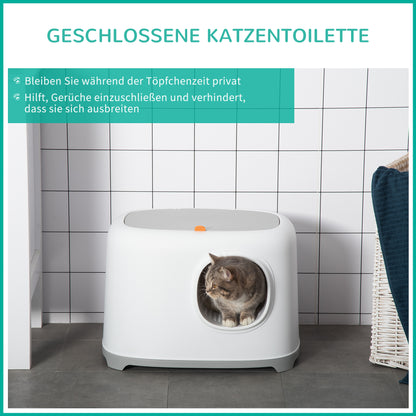 Cat Litter Box with Lid Covered Cat Toilet with Scoop Grid XXL Cat Toilet for Cats Up to 5 kg 55 x 40 x 39 cm White