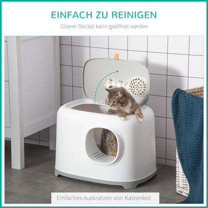 Cat Litter Box with Lid Covered Cat Toilet with Scoop Grid XXL Cat Toilet for Cats Up to 5 kg 55 x 40 x 39 cm White