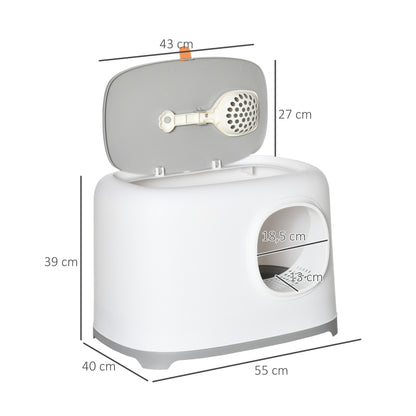 Cat Litter Box with Lid Covered Cat Toilet with Scoop Grid XXL Cat Toilet for Cats Up to 5 kg 55 x 40 x 39 cm White