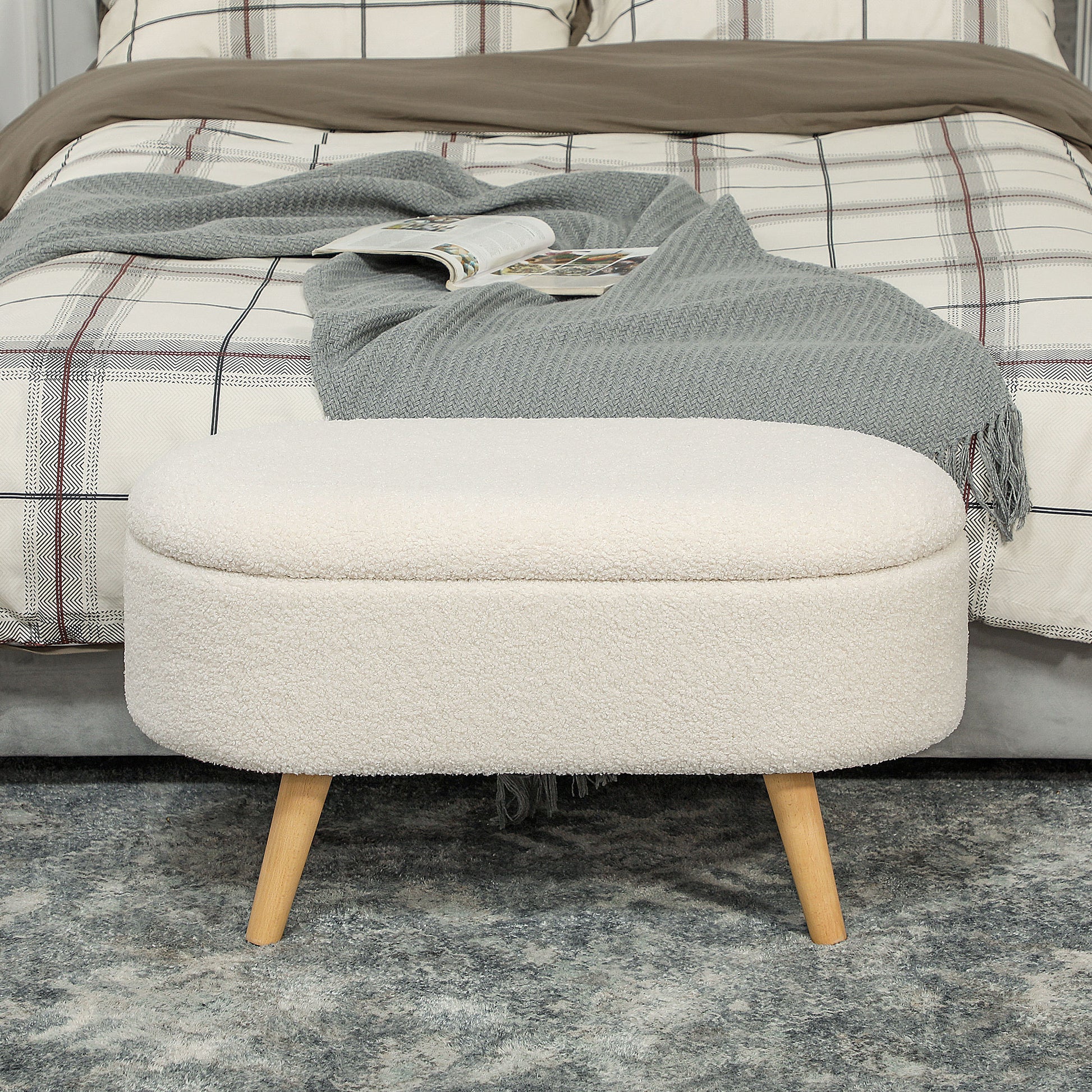 Storage Bench, Upholstered Bench with Lid, Bed Bench with Teddy Velvet Look, for Hallway Bedroom Living Room, Wooden Frame 82 x 41 x 45 cm White