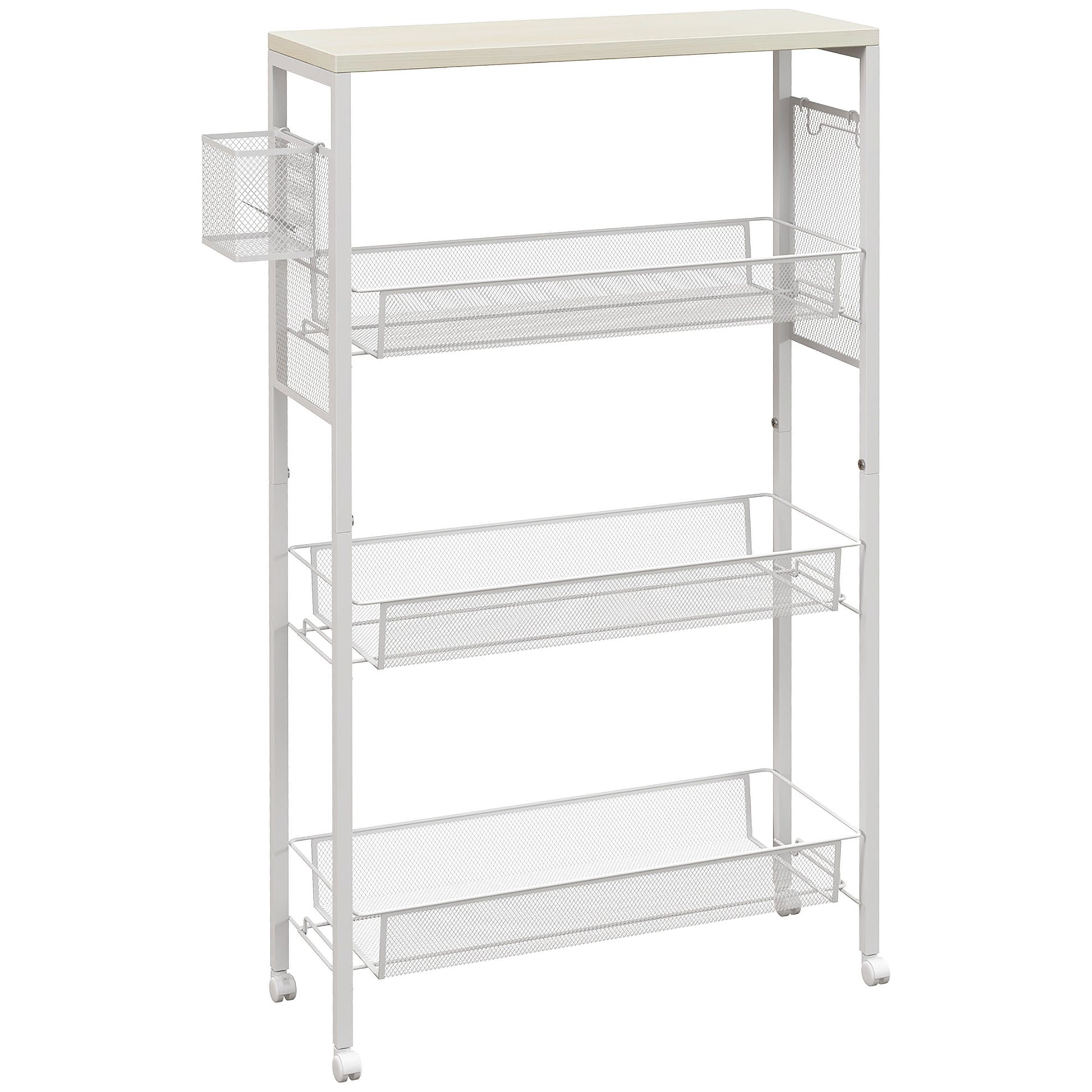 Kitchen Cart Trolley with 4 Levels Storage Cart with Worktop, Basket, and Hooks, Kitchen Shelf on Wheels, Serving Trolley for Kitchen Bathroom Office Living Room White