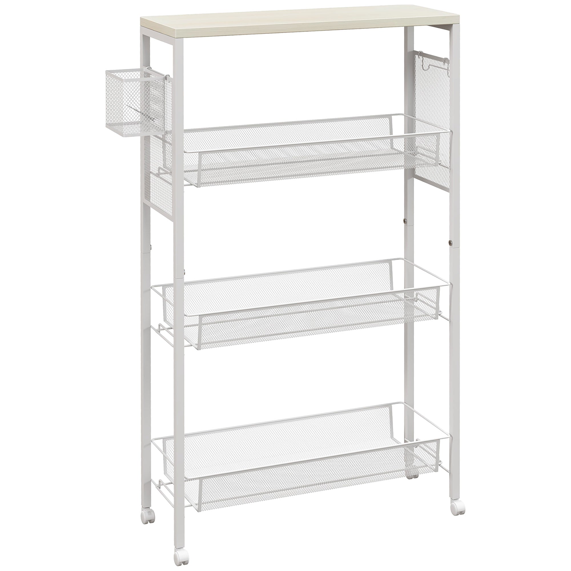 Kitchen Cart Trolley with 4 Levels Storage Cart with Worktop, Basket, and Hooks, Kitchen Shelf on Wheels, Serving Trolley for Kitchen Bathroom Office Living Room White