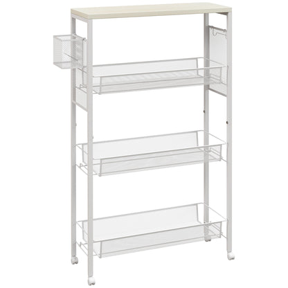 Kitchen Cart Trolley with 4 Levels Storage Cart with Worktop, Basket, and Hooks, Kitchen Shelf on Wheels, Serving Trolley for Kitchen Bathroom Office Living Room White