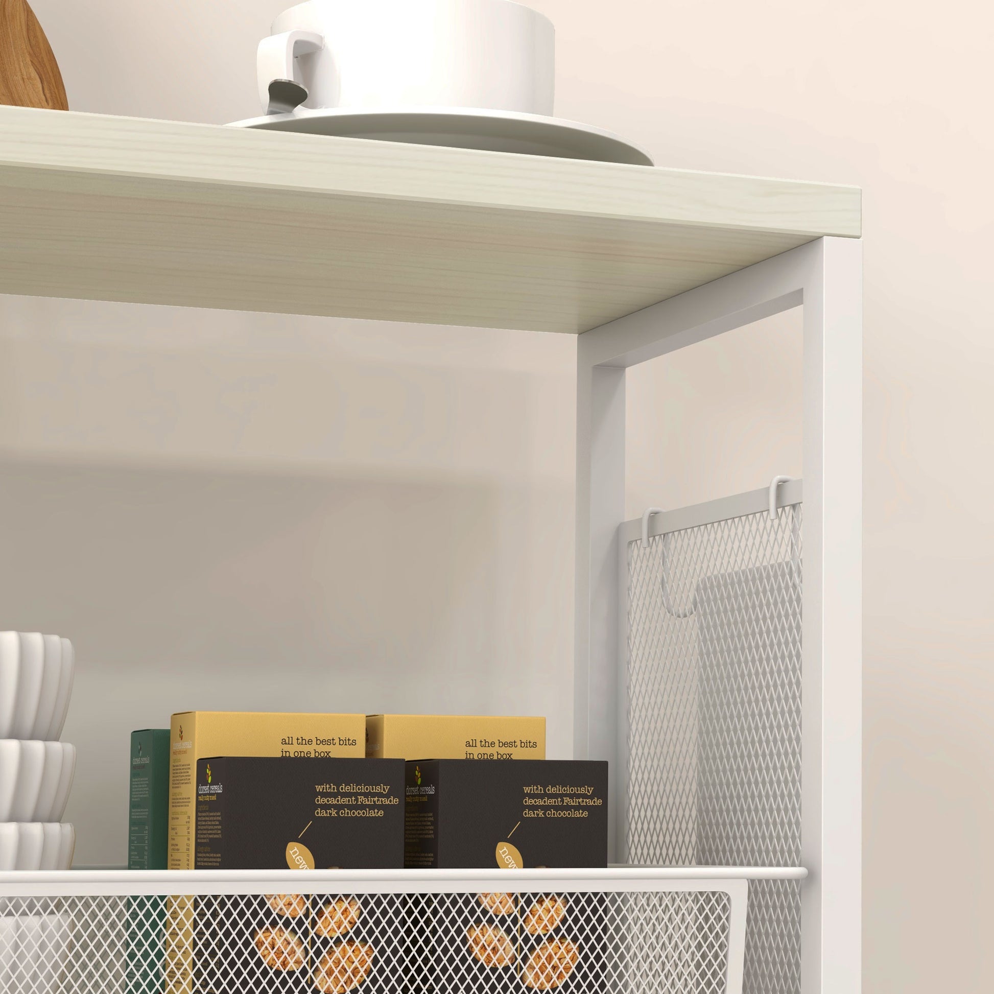 Kitchen Cart Trolley with 4 Levels Storage Cart with Worktop, Basket, and Hooks, Kitchen Shelf on Wheels, Serving Trolley for Kitchen Bathroom Office Living Room White