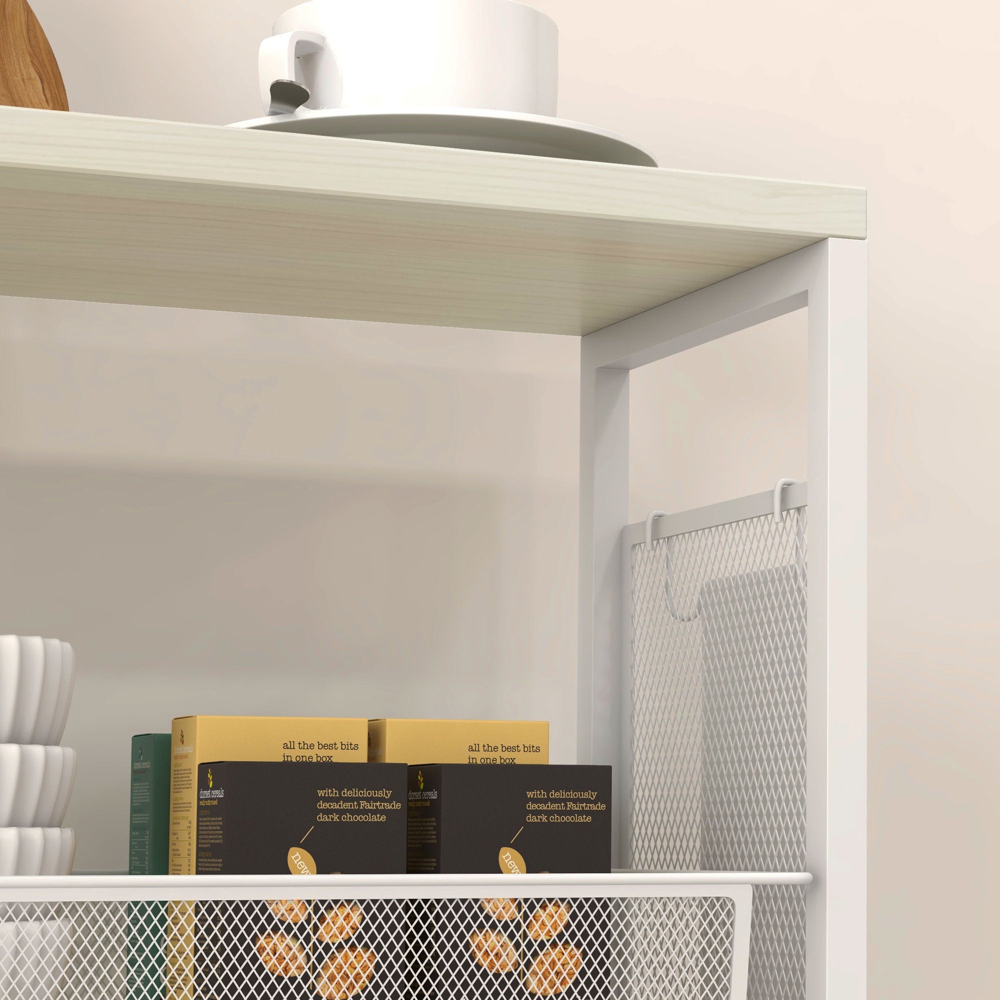 Kitchen Cart Trolley with 4 Levels Storage Cart with Worktop, Basket, and Hooks, Kitchen Shelf on Wheels, Serving Trolley for Kitchen Bathroom Office Living Room White