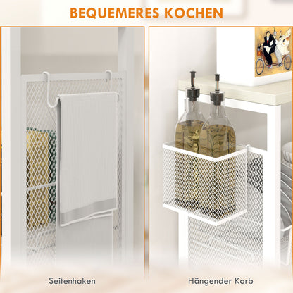 Kitchen Cart Trolley with 4 Levels Storage Cart with Worktop, Basket, and Hooks, Kitchen Shelf on Wheels, Serving Trolley for Kitchen Bathroom Office Living Room White