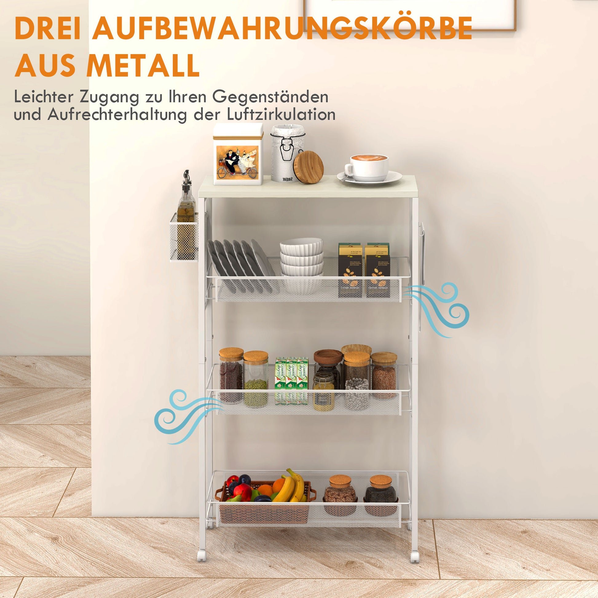 Kitchen Cart Trolley with 4 Levels Storage Cart with Worktop, Basket, and Hooks, Kitchen Shelf on Wheels, Serving Trolley for Kitchen Bathroom Office Living Room White