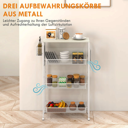 Kitchen Cart Trolley with 4 Levels Storage Cart with Worktop, Basket, and Hooks, Kitchen Shelf on Wheels, Serving Trolley for Kitchen Bathroom Office Living Room White