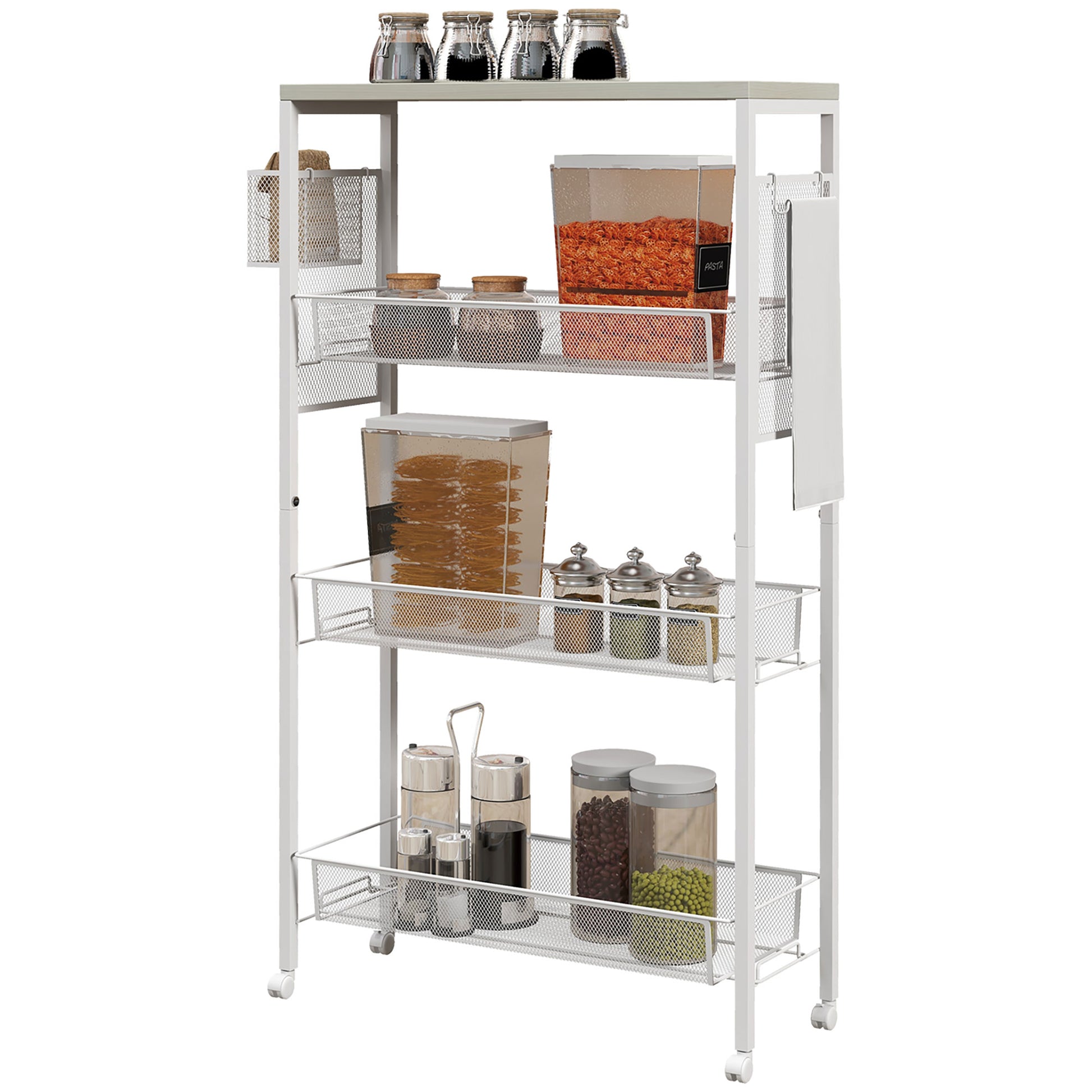 Kitchen Cart Trolley with 4 Levels Storage Cart with Worktop, Basket, and Hooks, Kitchen Shelf on Wheels, Serving Trolley for Kitchen Bathroom Office Living Room White