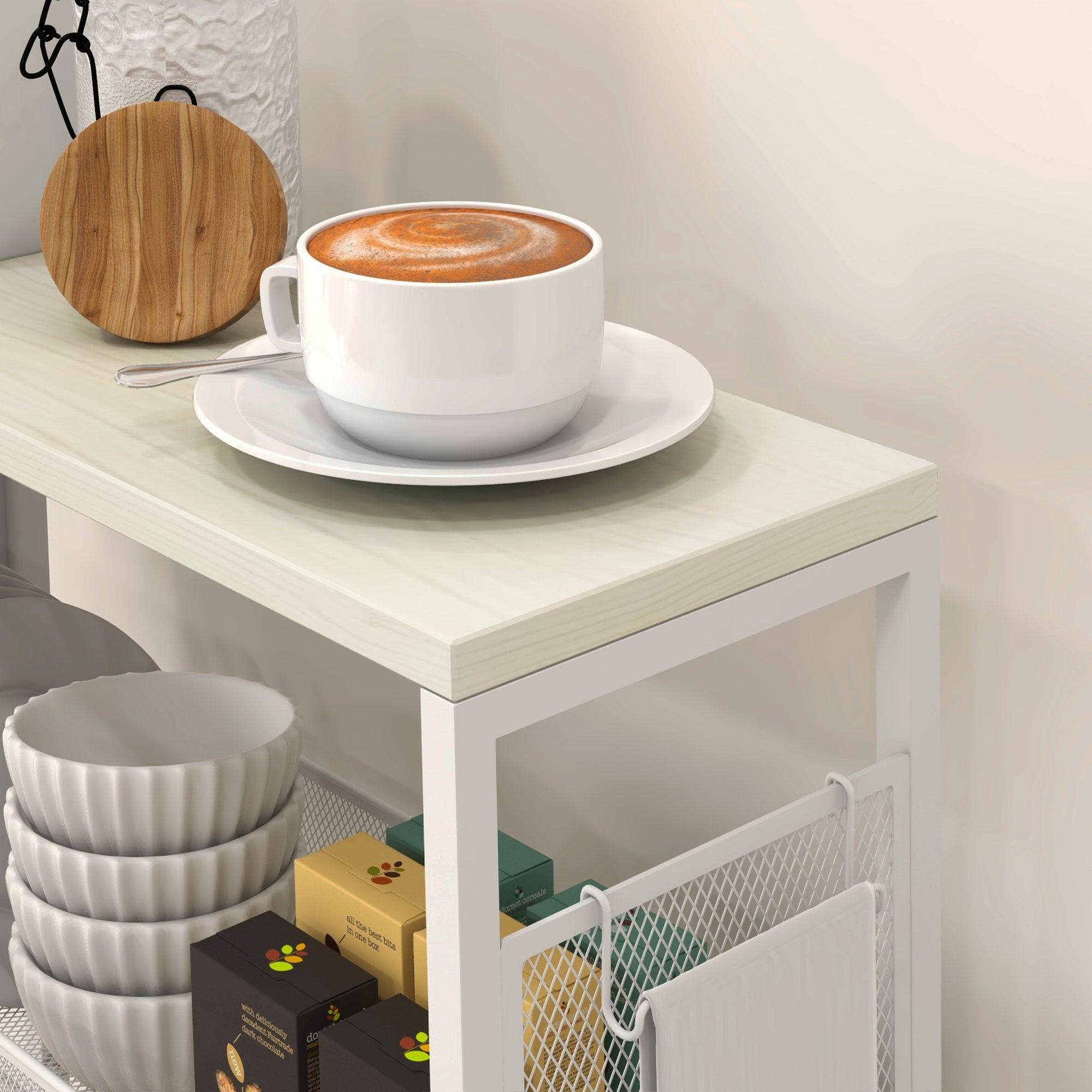 Kitchen Cart Trolley with 4 Levels Storage Cart with Worktop, Basket, and Hooks, Kitchen Shelf on Wheels, Serving Trolley for Kitchen Bathroom Office Living Room White