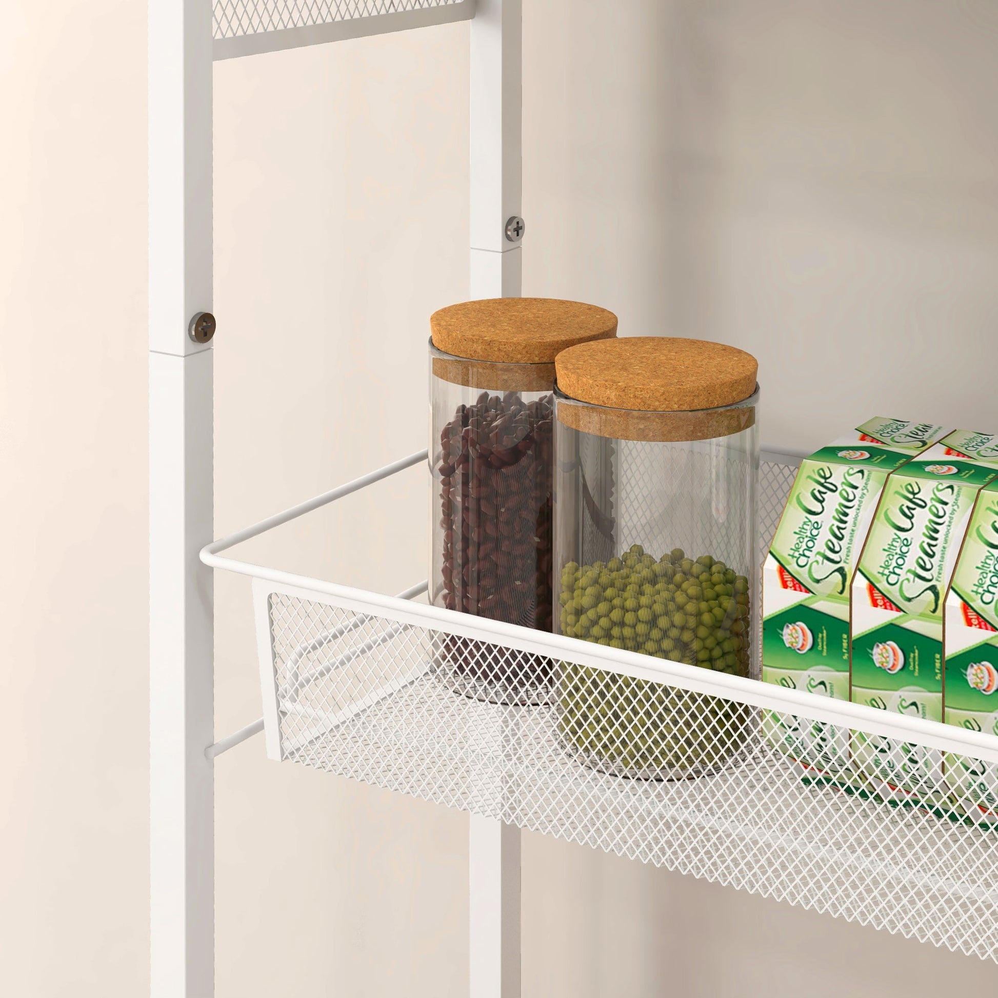 Kitchen Cart Trolley with 4 Levels Storage Cart with Worktop, Basket, and Hooks, Kitchen Shelf on Wheels, Serving Trolley for Kitchen Bathroom Office Living Room White