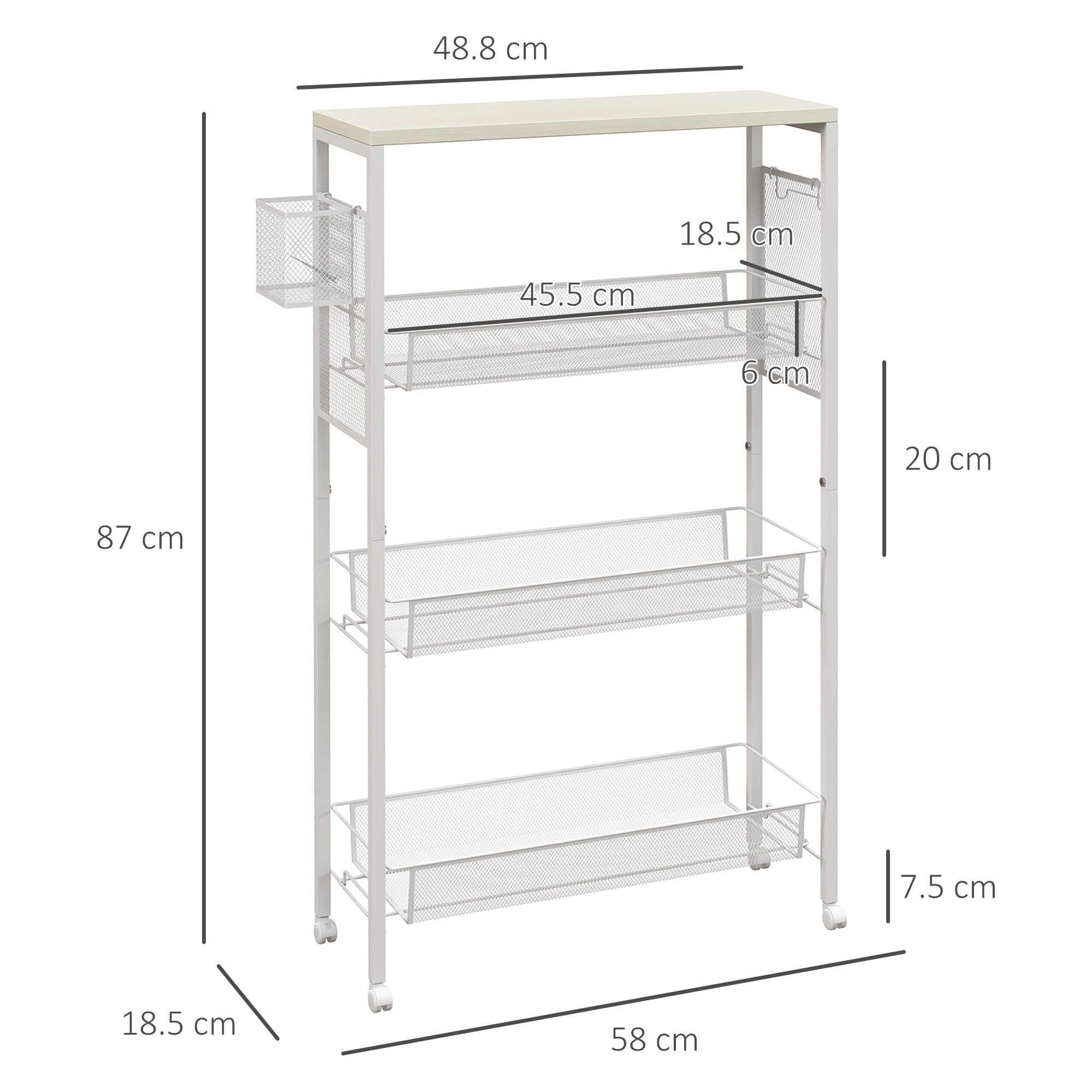 Kitchen Cart Trolley with 4 Levels Storage Cart with Worktop, Basket, and Hooks, Kitchen Shelf on Wheels, Serving Trolley for Kitchen Bathroom Office Living Room White
