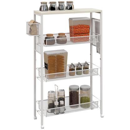 Kitchen Cart Trolley with 4 Levels Storage Cart with Worktop, Basket, and Hooks, Kitchen Shelf on Wheels, Serving Trolley for Kitchen Bathroom Office Living Room White