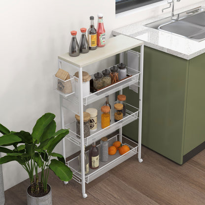 Kitchen Cart Trolley with 4 Levels Storage Cart with Worktop, Basket, and Hooks, Kitchen Shelf on Wheels, Serving Trolley for Kitchen Bathroom Office Living Room White