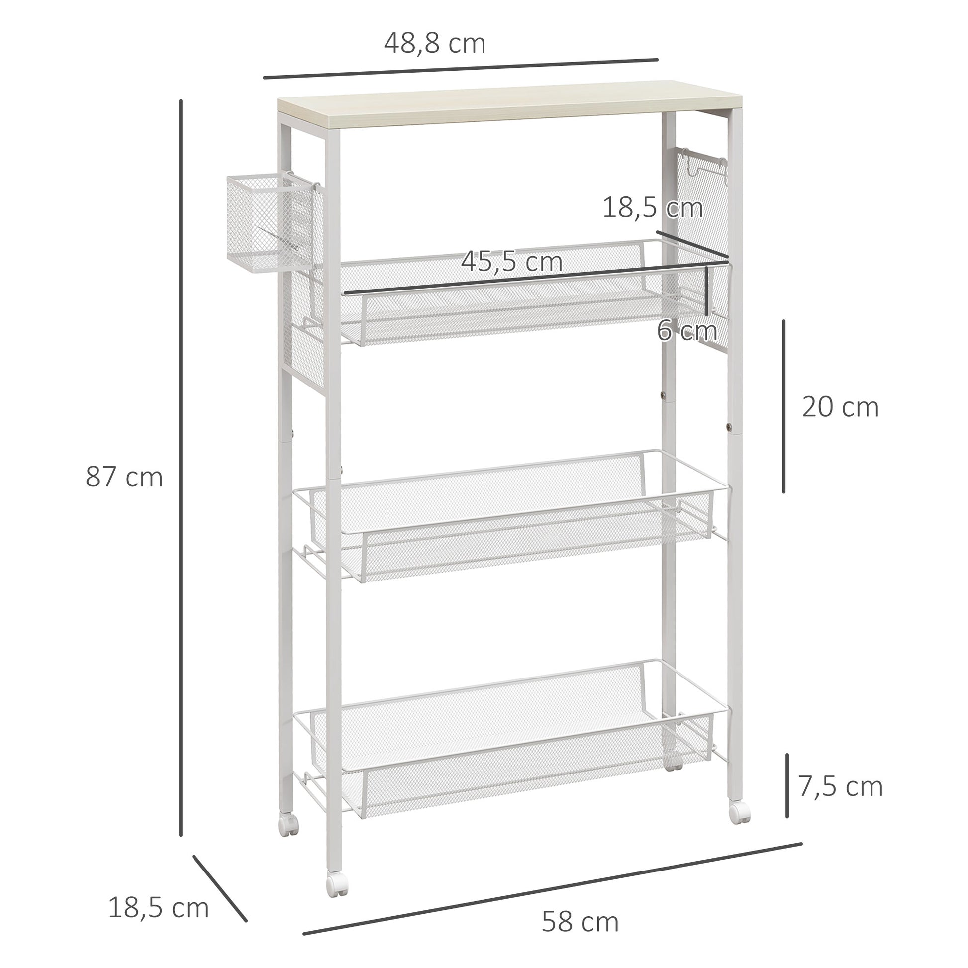 Kitchen Cart Trolley with 4 Levels Storage Cart with Worktop, Basket, and Hooks, Kitchen Shelf on Wheels, Serving Trolley for Kitchen Bathroom Office Living Room White