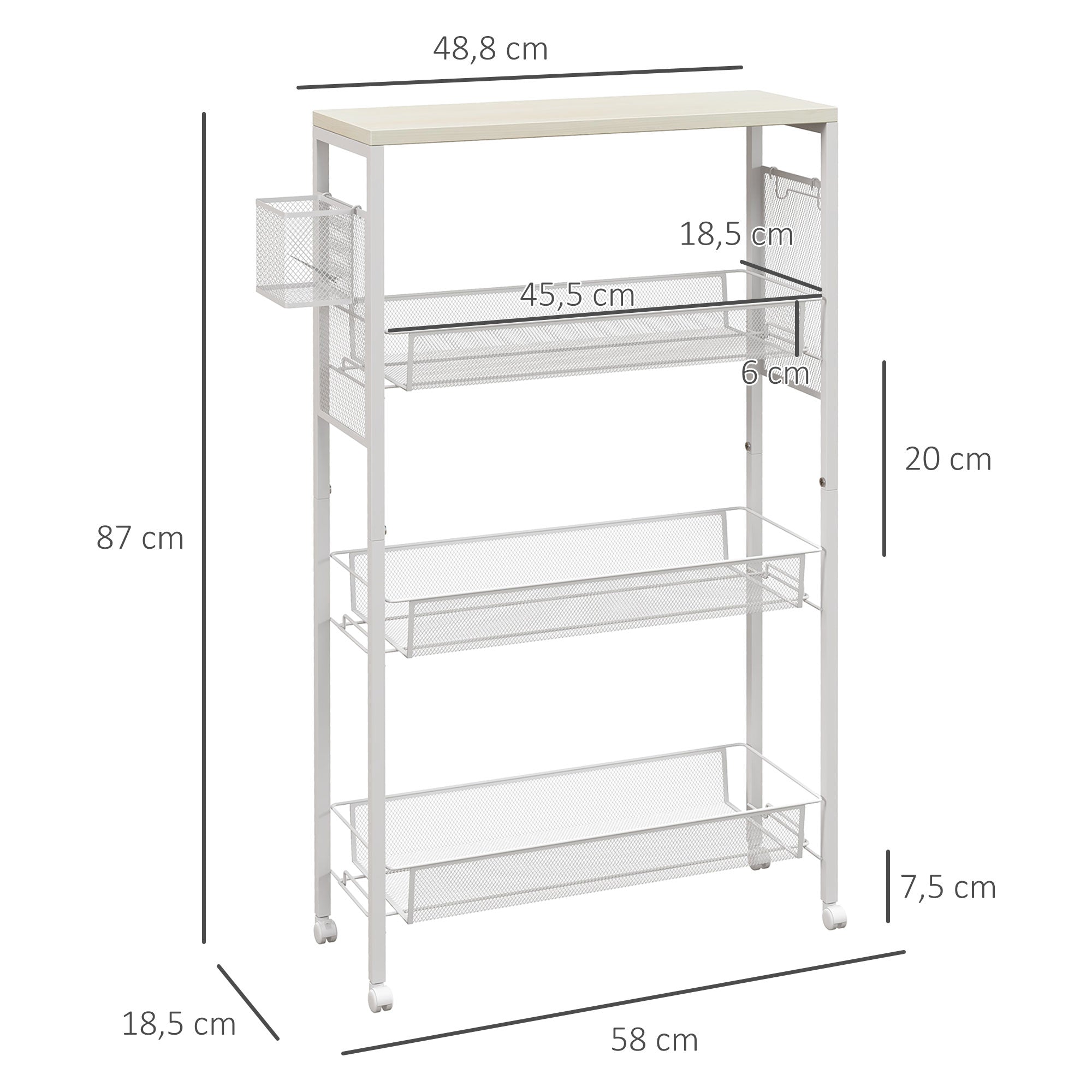 Kitchen Cart Trolley with 4 Levels Storage Cart with Worktop, Basket, and Hooks, Kitchen Shelf on Wheels, Serving Trolley for Kitchen Bathroom Office Living Room White