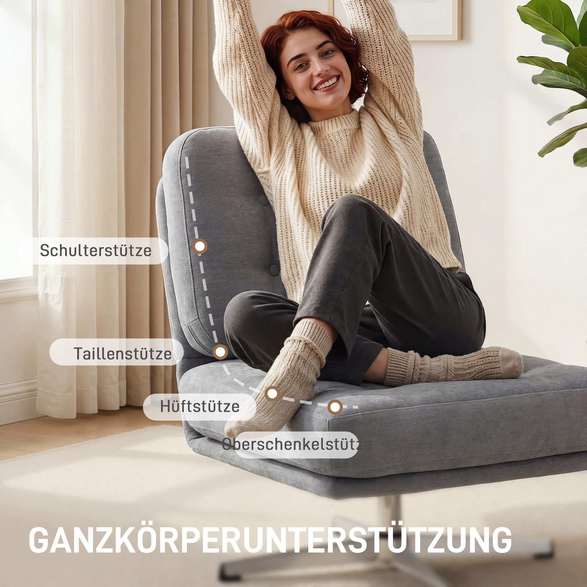 360° Swivel Chenille Lounge Chair — Extra-Wide Padded Reading Chair with Metal Legs, Light Gray