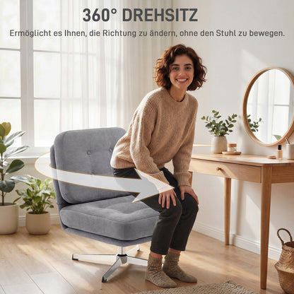 360° Swivel Chenille Lounge Chair — Extra-Wide Padded Reading Chair with Metal Legs, Light Gray