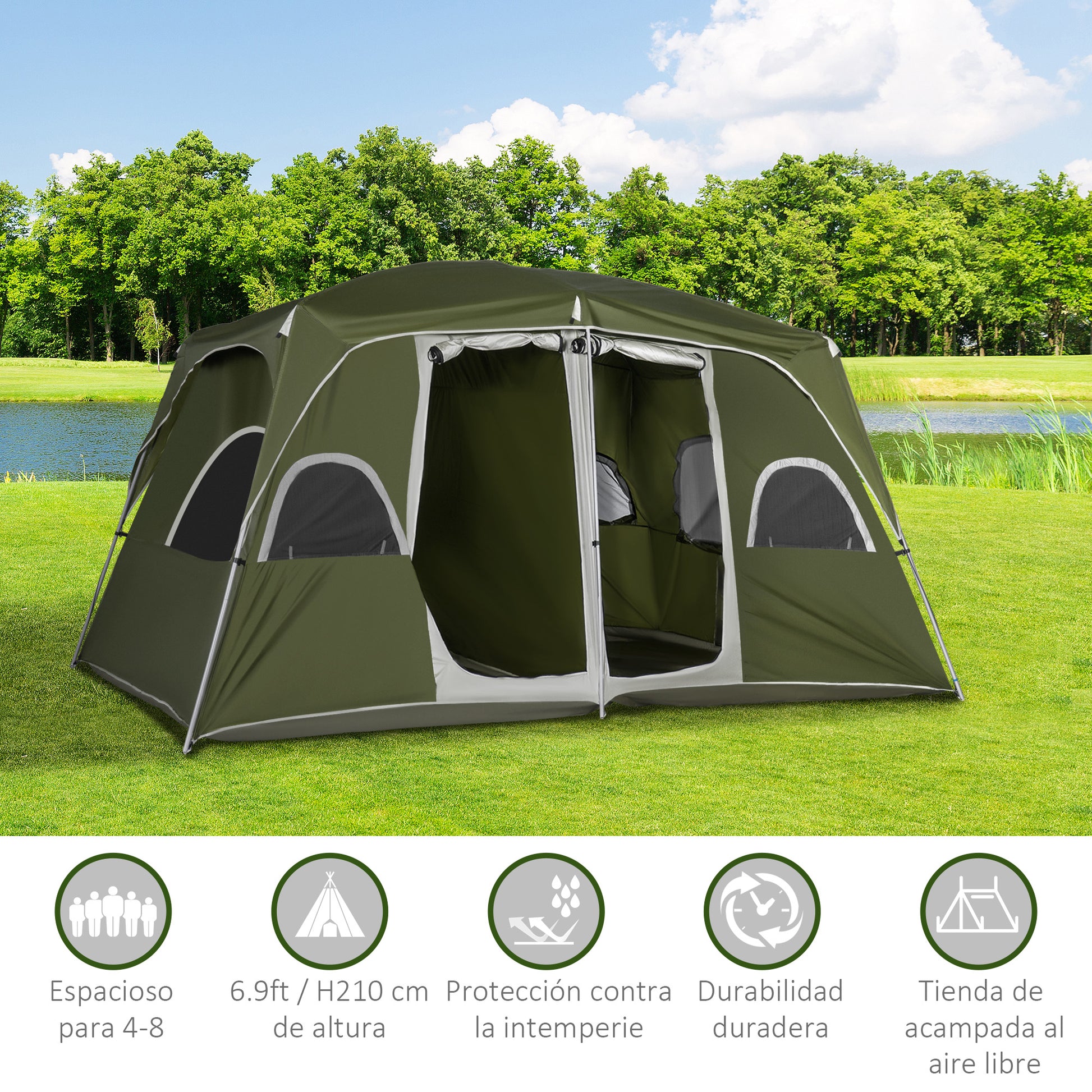 Family Camping Tent for 4-8 People with 2 Bedrooms Large Camping Tent with 2 Pockets and Mesh Windows Waterproof 157.5x108.3x82.7 inches Green