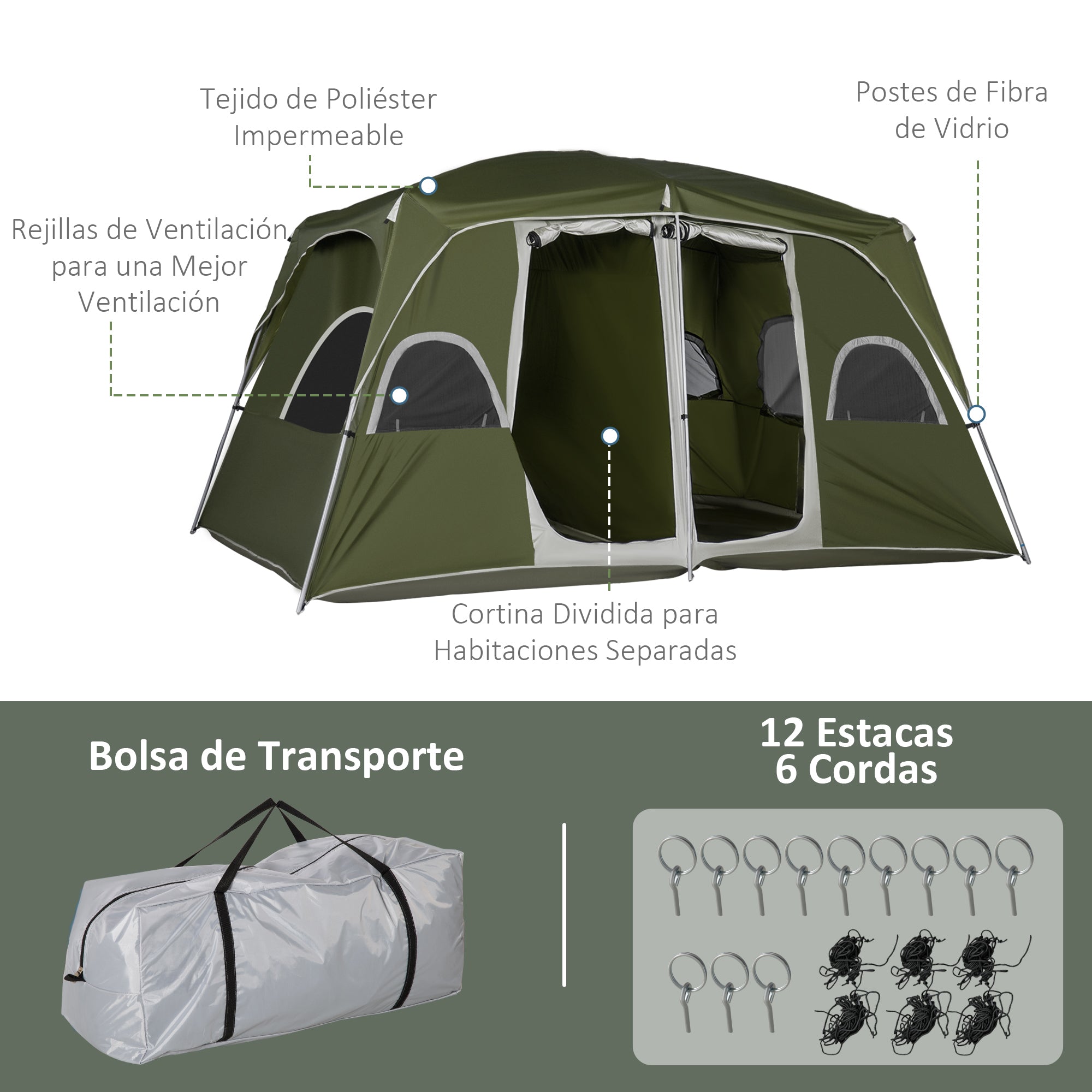Family Camping Tent for 4-8 People with 2 Bedrooms Large Camping Tent with 2 Pockets and Mesh Windows Waterproof 157.5x108.3x82.7 inches Green