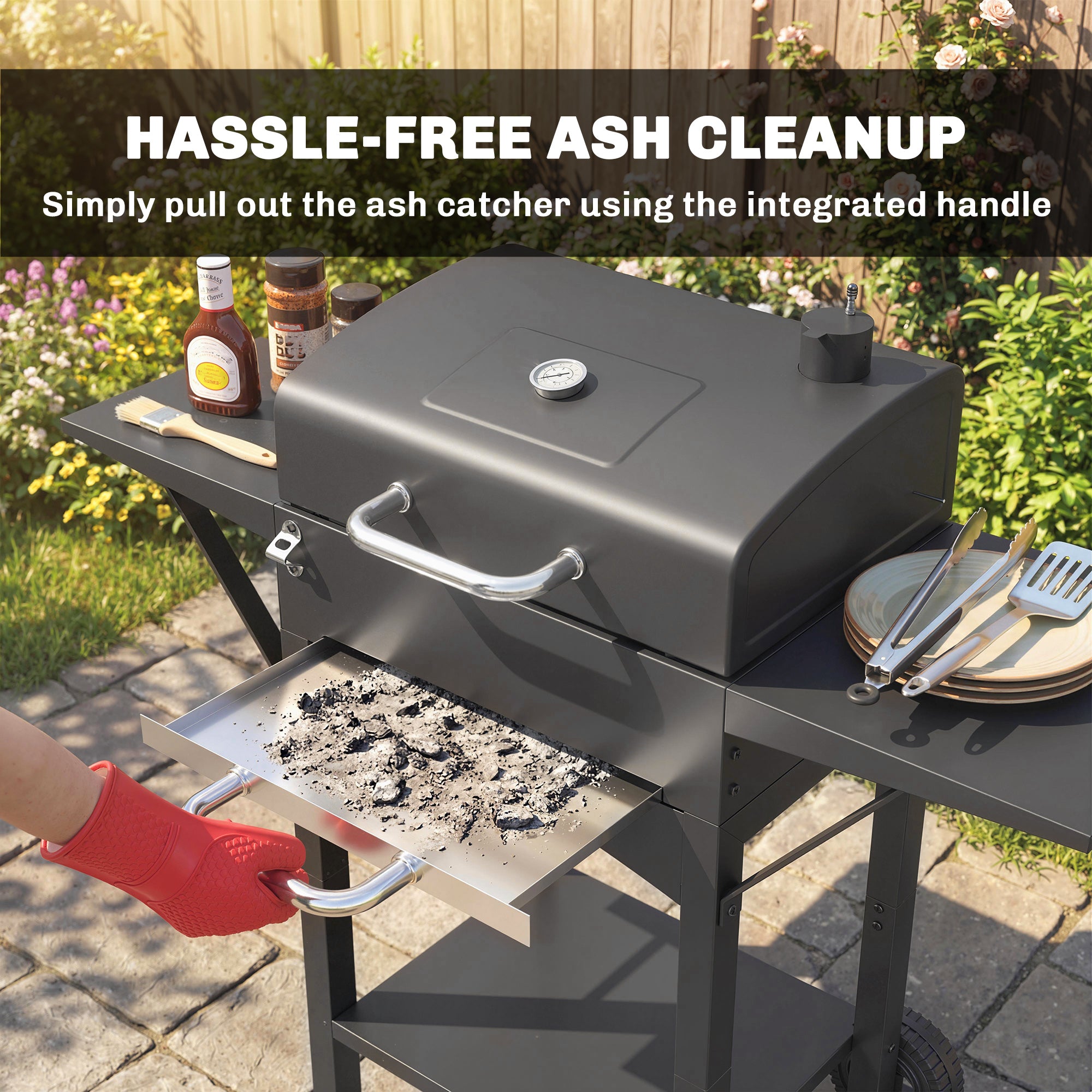 Charcoal Grill with Lid — BBQ Smoker Cart with 2 Side Tables, Large Cooking Area, Thermometer & Wheels, 43.3 x 18.3 x 39.8 in (Black)
