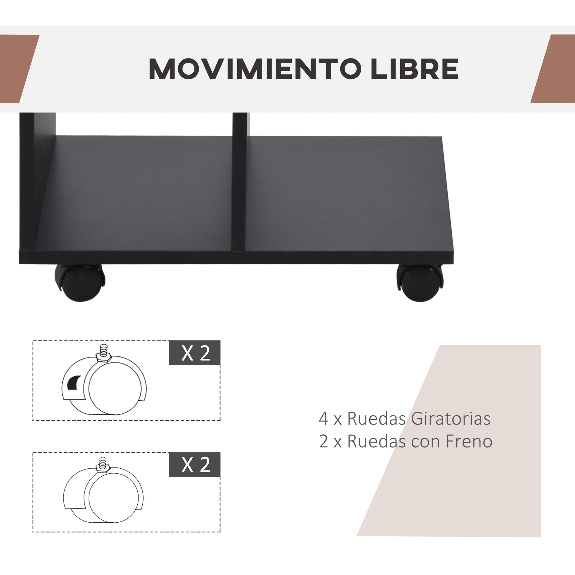 Modern Side Table C-Shaped End Table with Wheels Open Shelves for Living Room Bedroom 45x35x58 cm Black
