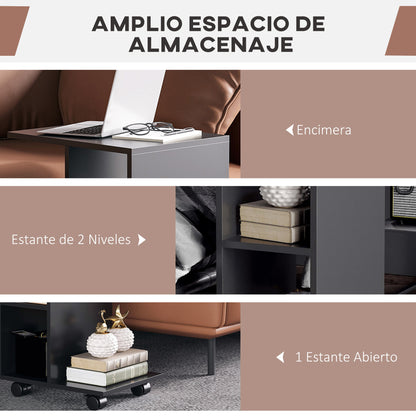 Modern Side Table C-Shaped End Table with Wheels Open Shelves for Living Room Bedroom 45x35x58 cm Black