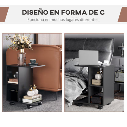 Modern Side Table C-Shaped End Table with Wheels Open Shelves for Living Room Bedroom 45x35x58 cm Black