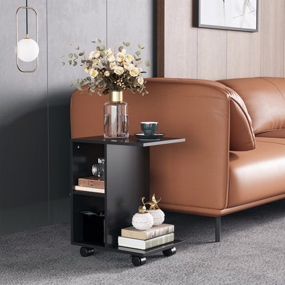 Modern Side Table C-Shaped End Table with Wheels Open Shelves for Living Room Bedroom 45x35x58 cm Black