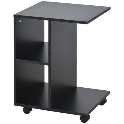 Modern Side Table C-Shaped End Table with Wheels Open Shelves for Living Room Bedroom 45x35x58 cm Black