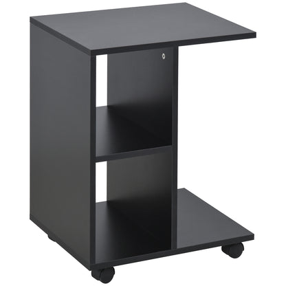 Modern Side Table C-Shaped End Table with Wheels Open Shelves for Living Room Bedroom 45x35x58 cm Black