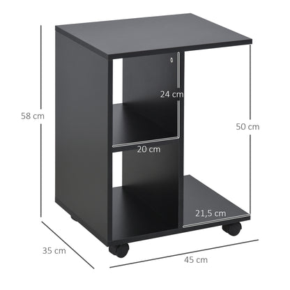 Modern Side Table C-Shaped End Table with Wheels Open Shelves for Living Room Bedroom 45x35x58 cm Black