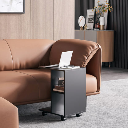 Modern Side Table C-Shaped End Table with Wheels Open Shelves for Living Room Bedroom 45x35x58 cm Black