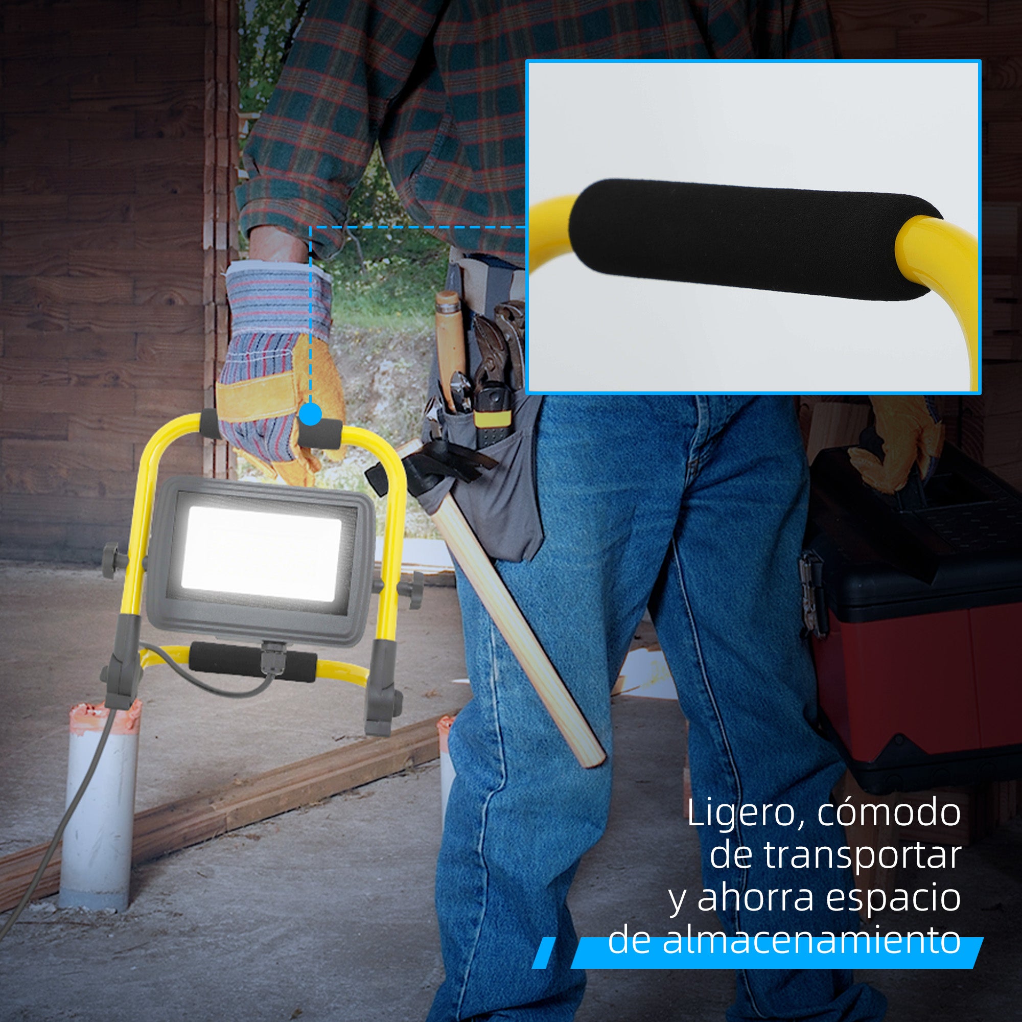 50W LED Floodlight with Adjustable Heads and Stand 4250 Lumens IP65 6500K Weatherproof Portable LED Projector Light with Handle for Indoor and Outdoor Use Yellow and Black