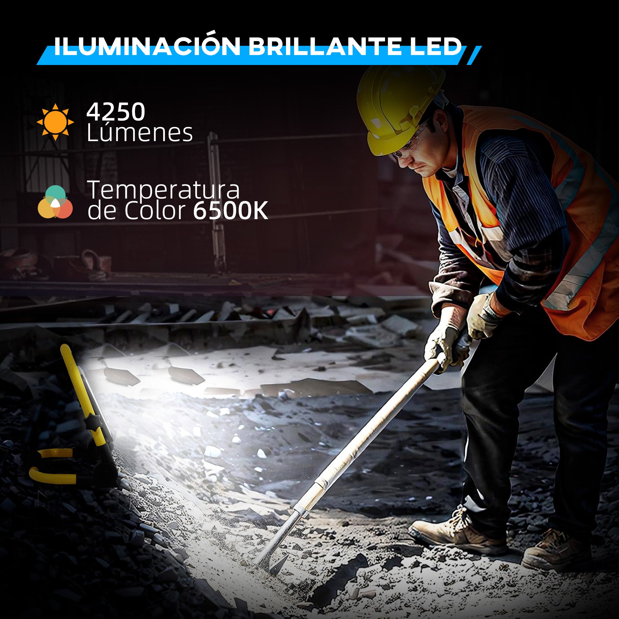 50W LED Floodlight with Adjustable Heads and Stand 4250 Lumens IP65 6500K Weatherproof Portable LED Projector Light with Handle for Indoor and Outdoor Use Yellow and Black