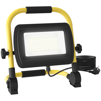 50W LED Floodlight with Adjustable Heads and Stand 4250 Lumens IP65 6500K Weatherproof Portable LED Projector Light with Handle for Indoor and Outdoor Use Yellow and Black