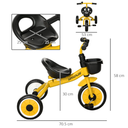 Kids Tricycle for 2-5 Year Olds with Adjustable Seat, Bike for Kids with Basket and Bell, 70.5x53x58 cm, Yellow