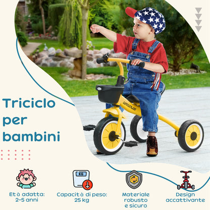 Kids Tricycle for 2-5 Year Olds with Adjustable Seat, Bike for Kids with Basket and Bell, 70.5x53x58 cm, Yellow