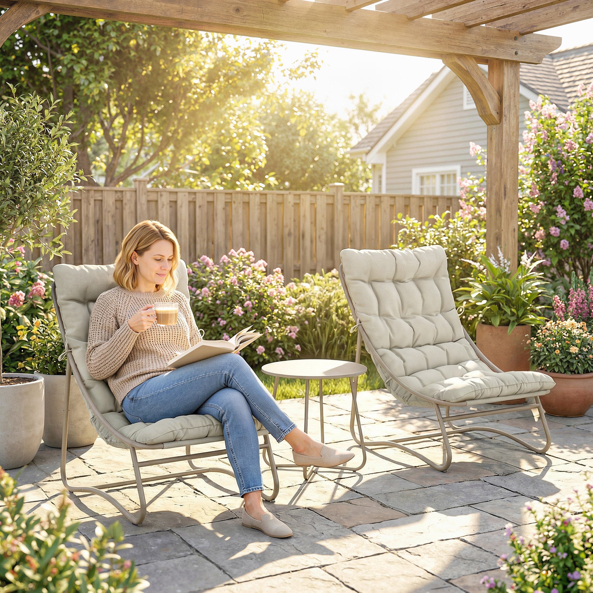 3-Piece Outdoor Bistro Set with Cushions — 2 Breathable Lounge Chairs & Round Coffee Table, Powder-Coated Galvanized Steel Frame, Light Gray