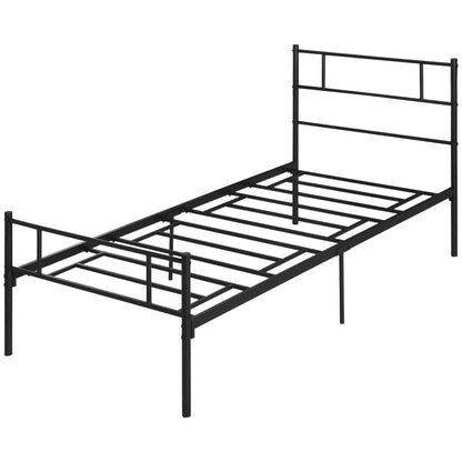 Bed Frame 90 x 190 cm Single Bed in Steel with Slatted Frame, Headboard and Footboard, Height 31 cm with Storage Under Bed, Black
