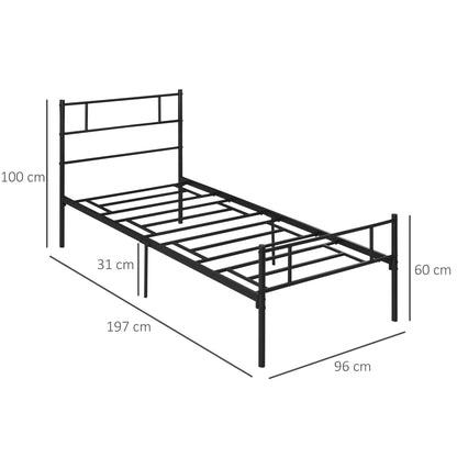 Bed Frame 90 x 190 cm Single Bed in Steel with Slatted Frame, Headboard and Footboard, Height 31 cm with Storage Under Bed, Black