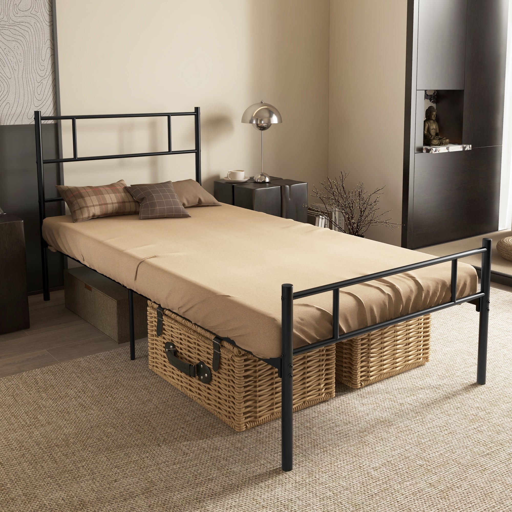 Bed Frame 90 x 190 cm Single Bed in Steel with Slatted Frame, Headboard and Footboard, Height 31 cm with Storage Under Bed, Black